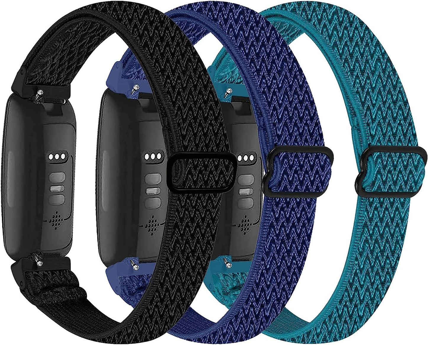 3-Pack Elastic Nylon Bands Compatible with Fitbit Inspire 3/Inspire 2/Inspire Hr/Inspire/Ace 3/Ace 2, Breathable Adjustable Replacement Stretchy Nylon Loop Wristband Sport Strap for Woman Man voma Black/ Midnight Blue/ Azurite