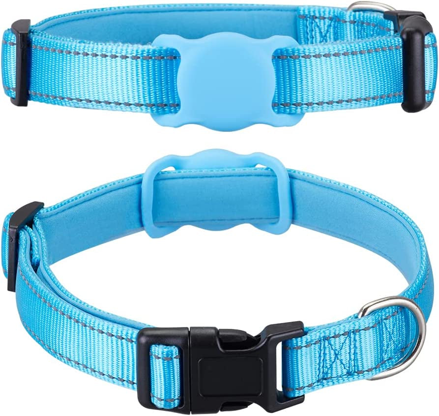 Airtag Dog Collar for Small Medium Large Dogs, Animire Soft Neoprene Padded Pet Cat Collar, Nylon Puppy Collar with Silicone Air Tag Case Holder Accessories, 9''-16'' Neck Animire Blue XS:8"-12" Neck