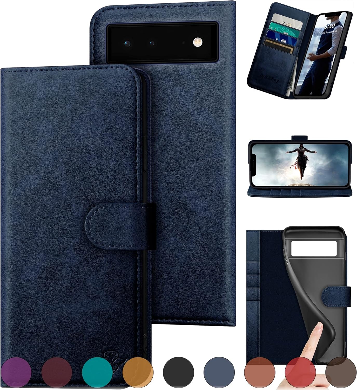 Ducksky for Google Pixel 6 Genuine Leather Wallet Case 【RFID Blocking】【4 Credit Card Holder】【Real Leather】 Flip Folio Book Phone Case Protective Cover Women Men for Pixel6 Case Khaki DuckSky Dark Blue