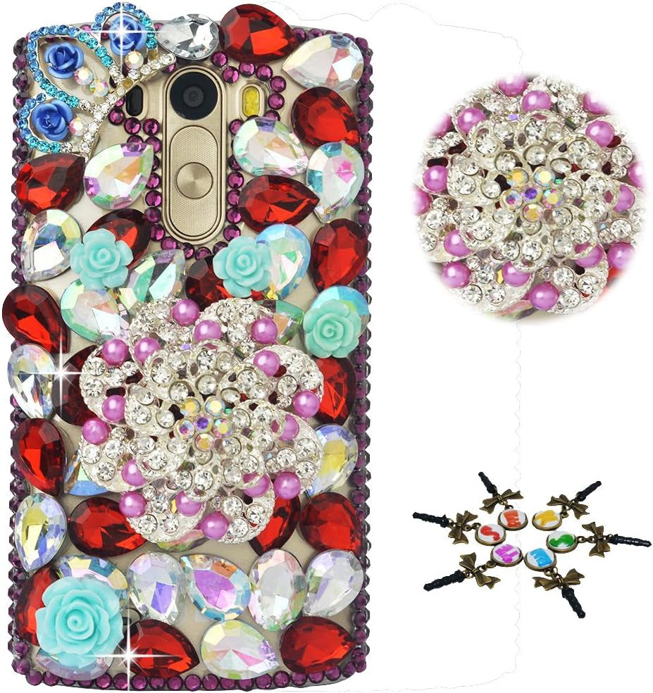 STENES LG G7 Thinq Case - STYLISH - 100+ Bling - 3D Handmade Butterfly Rose Flowers Design Protective Case for LG G7/LG G7 Thinq - Purple&Blue STENES Crown Pretty Flowers / Red