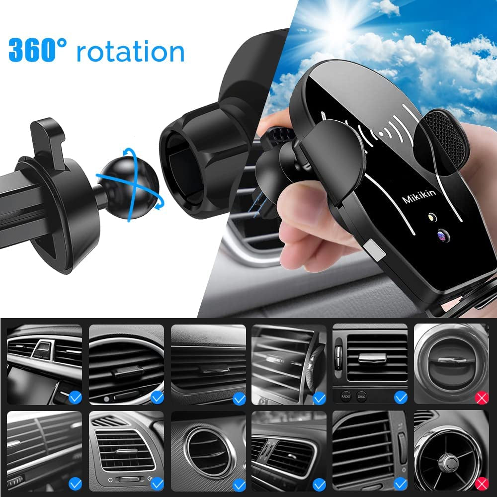 Wireless Car Charger Mount, Mikikin Auto-Clamping Qi 10W 7.5W Fast Charging Car Phone Holder Air Vent Compatible with Iphone 14 13 12 Pro Max Mini 11 XR XS X, Samsung Galaxy S23 S22 S21+ S10+ Note 20 Mikikin