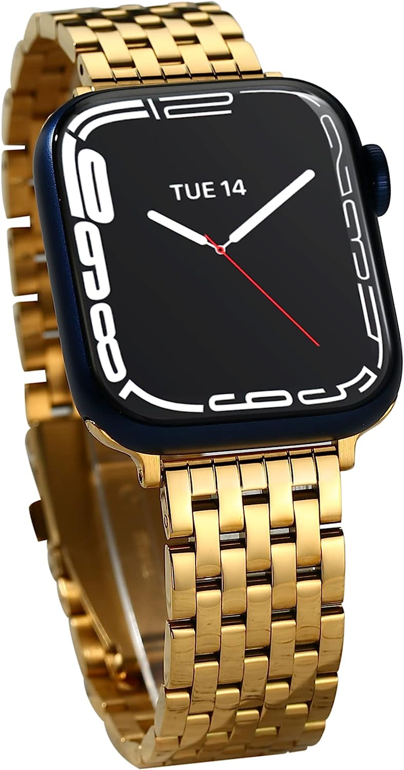 Watch Bands for Apple Watch 38Mm 40Mm 41Mm 42Mm 44Mm 45Mm for Women, Dressy Seven-Link Bands for Apple Watch Stainless Steel Metal Bands Compatible with Apple Watch 7,6,SE,5,4,3,2,1 for Iwatch Bands, Silver Gold Rose Gold Memori Planet Gold 38mm/40mm/41mm