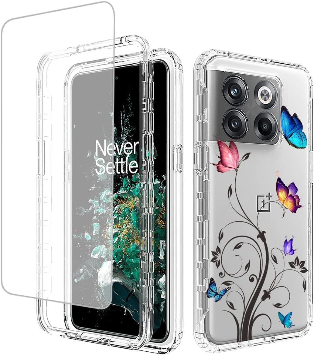 Ueokeird Case for Oneplus 10T 5G/Oneplus Ace Pro Case, CPH2415 Case with Tempered-Glass Screen Protector, Clear Floral Pattern Full Body Protective Phone Cover Cases for Oneplus 10T 5G (Purple Flower) Ueokeird Butterfly Tree