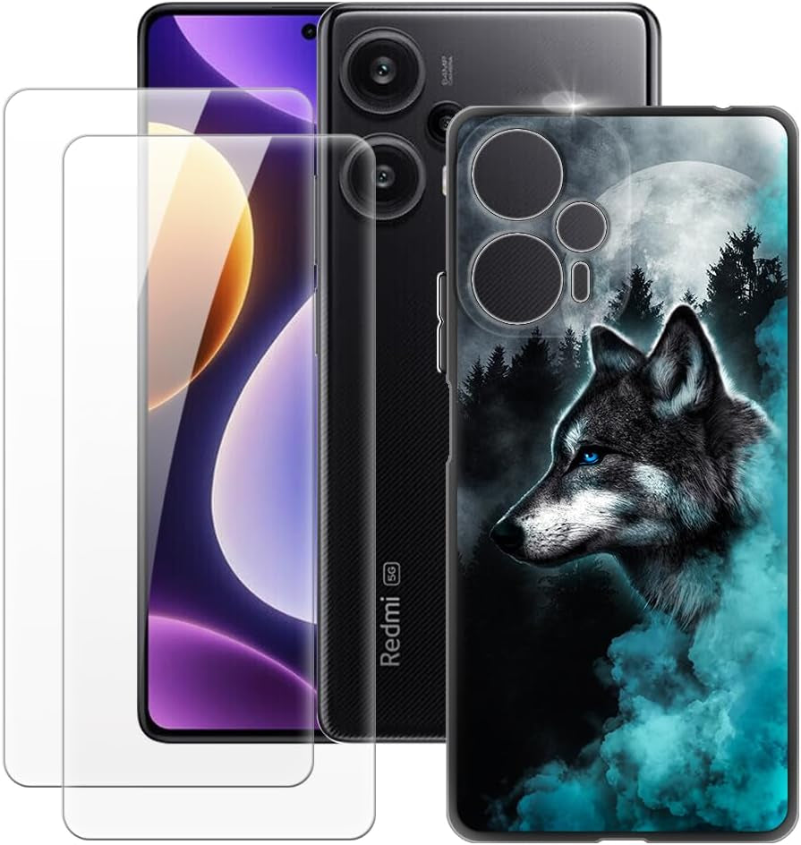 MILEGAO Xiaomi Redmi Note 12 Turbo 5G Case + 2PCS Screen Protector Tempered Glass, Ultra Thin Bumper Shockproof Soft TPU Silicone Cover for Xiaomi Poco F5 5G (6.67”) MILEGAO Wolf 1