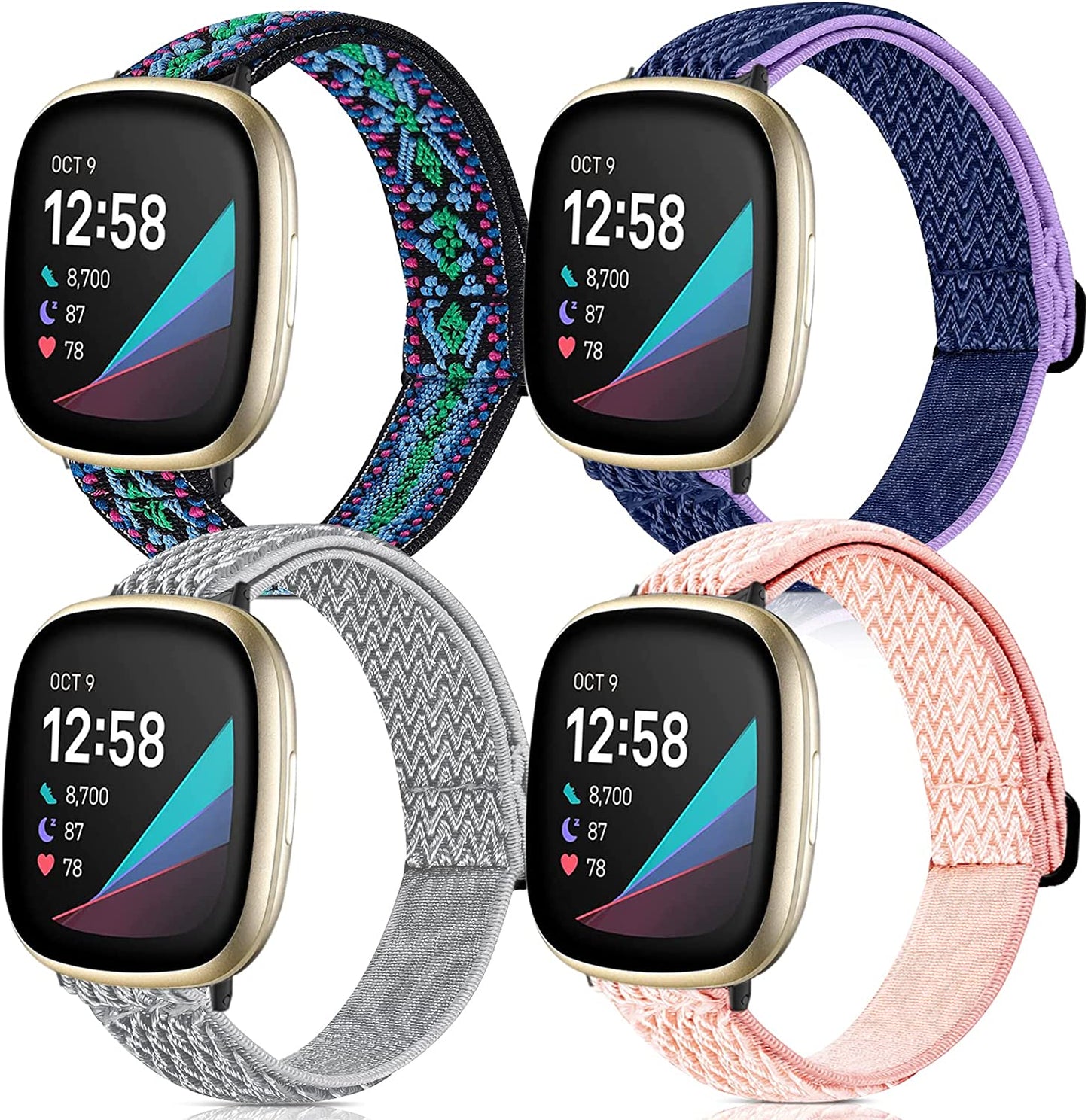4 Pack Stretchy Bands Compatible with Fitbit Versa 3/Fitbit Versa 4/Fitbit Sense 2/Fitbit Sense Bands Women Men, Adjustable Elastic Breathable Loop Nylon Replacement Straps for Fitbit Sense & Versa 3 POHNUI Light Gray & Pink & Blue Purple & Ethnic Green