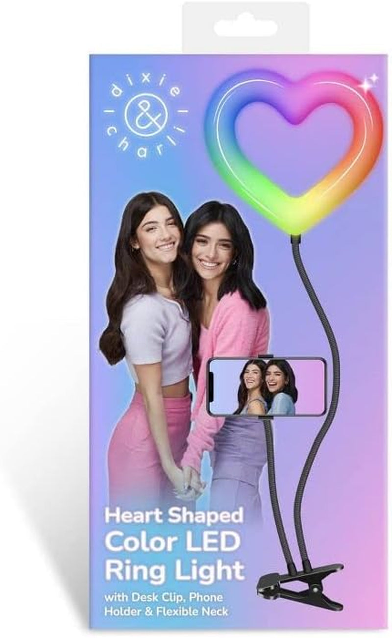 Dixie & Charli 6” Heart Shaped Color LED Ring Light Cell Phone Holder with Adjustable Gooseneck Phone Stand and Clip on Selfie Desk Clamp Dixie & Charli