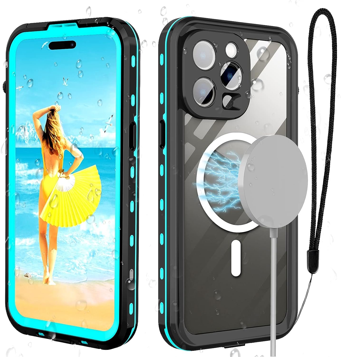 Transy Iphone 14 Pro Waterproof Case - Iphone 14 Pro Case Waterproof 6.1 Inch Full Body Protective Shockproof Dustproof IP68 Certified Waterproof Phone Case for Iphone 14 Pro with Lanyard (Black) Transy Teal