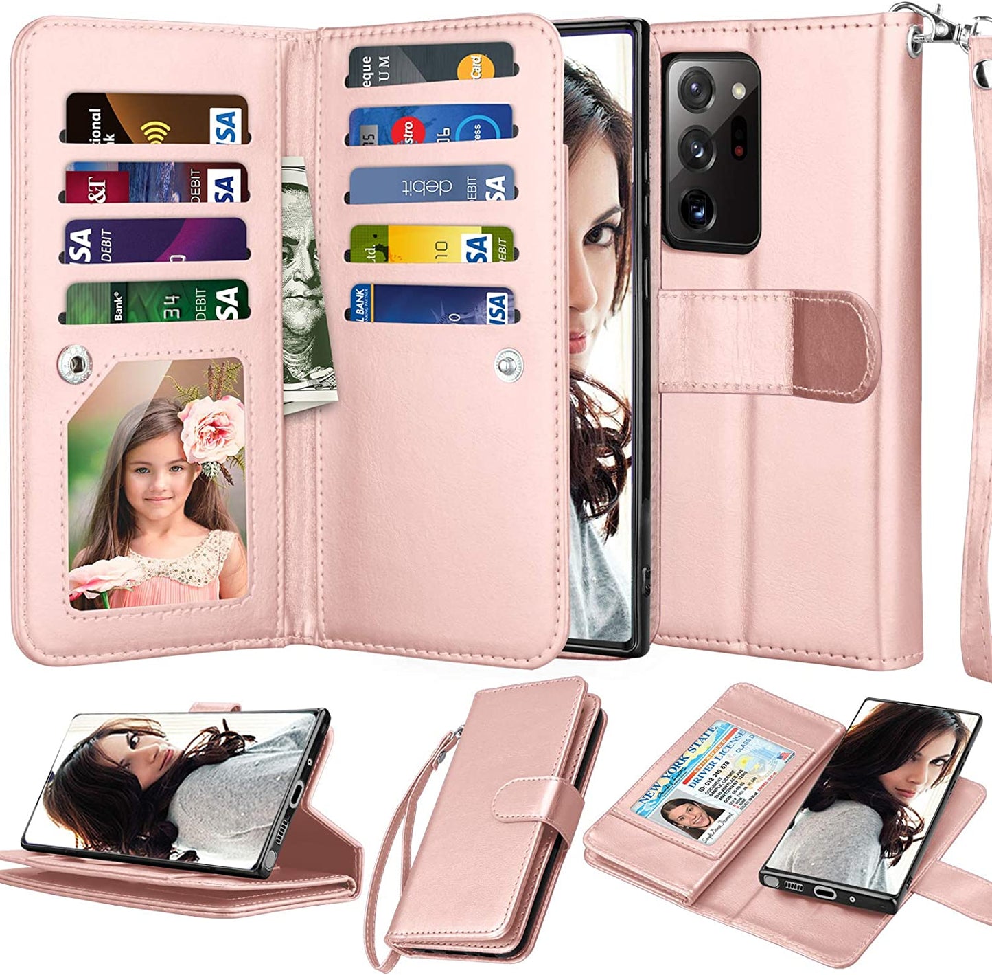 Njjex Galaxy Note 20 5G Wallet Case - Wine Red, 9 Card Slots, PU Leather, Detachable Kickstand, Magnetic Cover & Lanyard NJJEX Rose Gold
