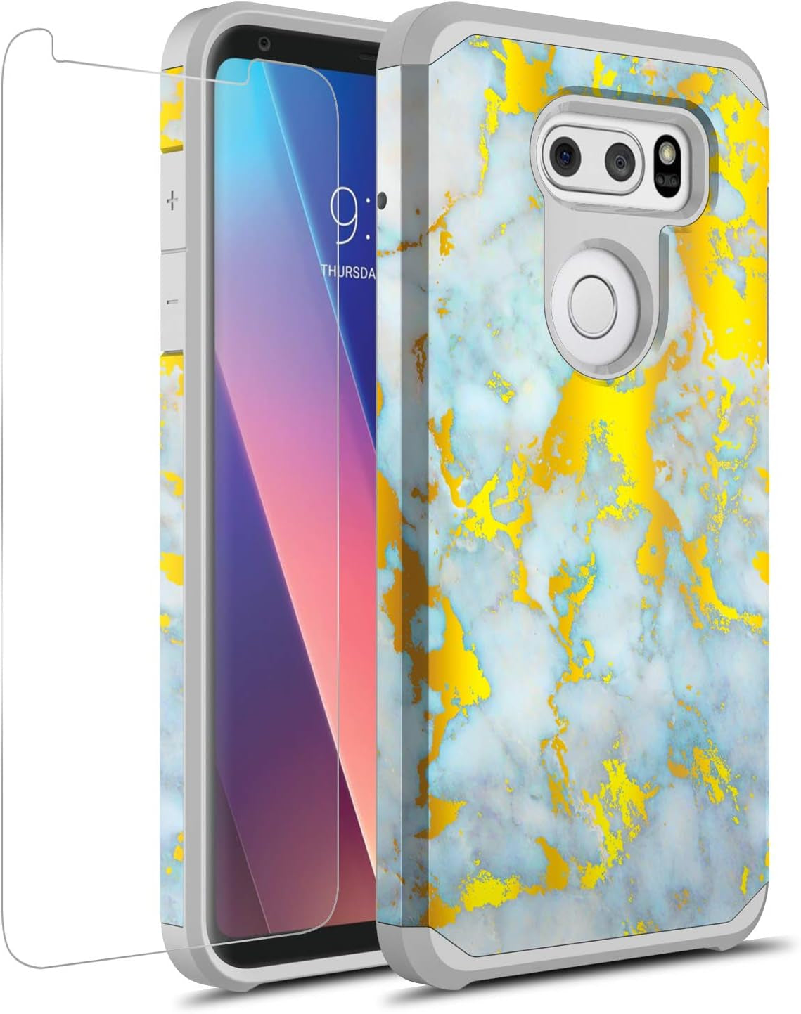 Rosebono for LG V30 Case, LG V30 plus Case, Hybrid Dual Layer Shockproof Hard Cover Graphic Fashion Cute Colorful Silicone Skin for LG V30 / LG V30Plus (Green Mandala) Rosebono Gold White Marble