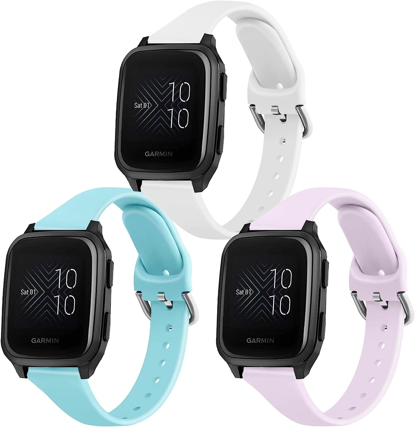 Wanme Slim Bands for Garmin Venu 2 plus / Venu Sq / Venu / Vivoactive 3 Watch Band Women Men, 3 Pack Soft Silicone Replacement Wristband Sport Strap for Garmin Vivomove Sport, Vivoactive 3 Music, Forerunner 645 / 245 Music Smart Watch Wanme Violet+LightBlue+White