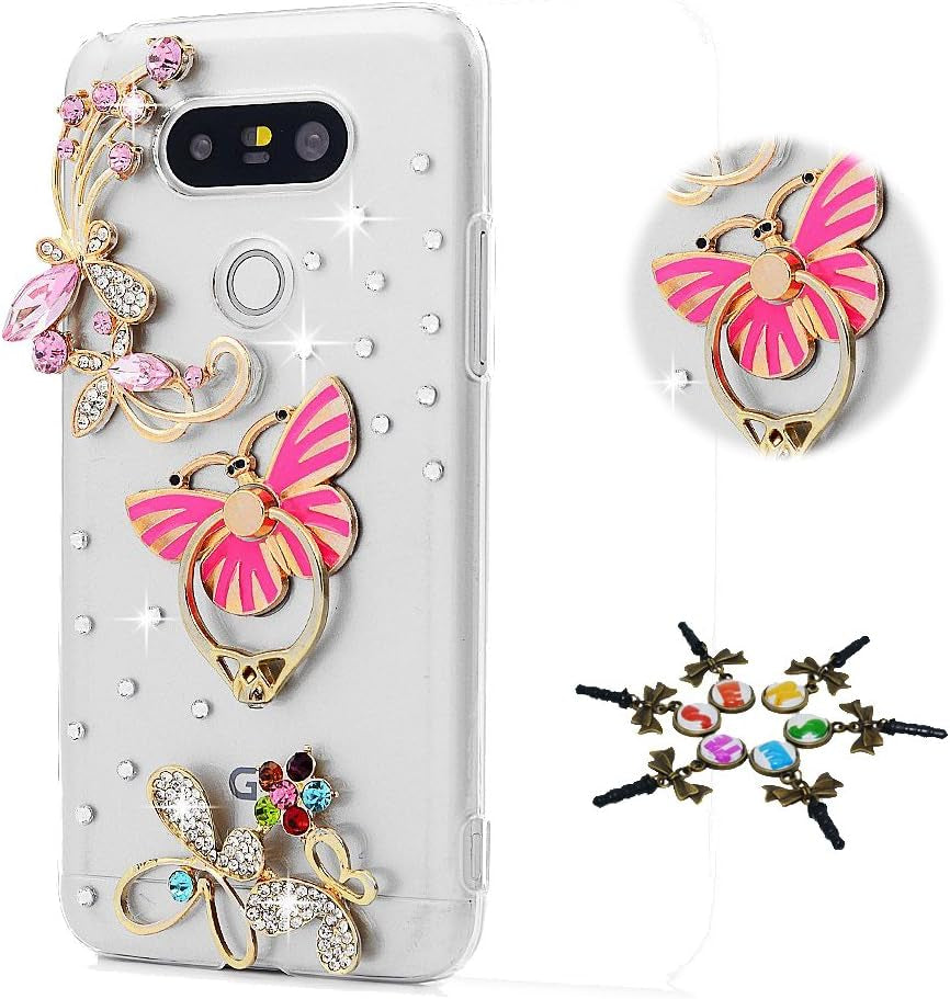 STENES LG G7 Case, LG G7 Thinq Case - STYLISH - 100+ Bling Crystal - 3D Handmade Bling Butterfly Flowers Floral Design Protective Cover Case for LG G7 Thinq - Pink STENES Pretty Butterfly Ring Stand / Pink