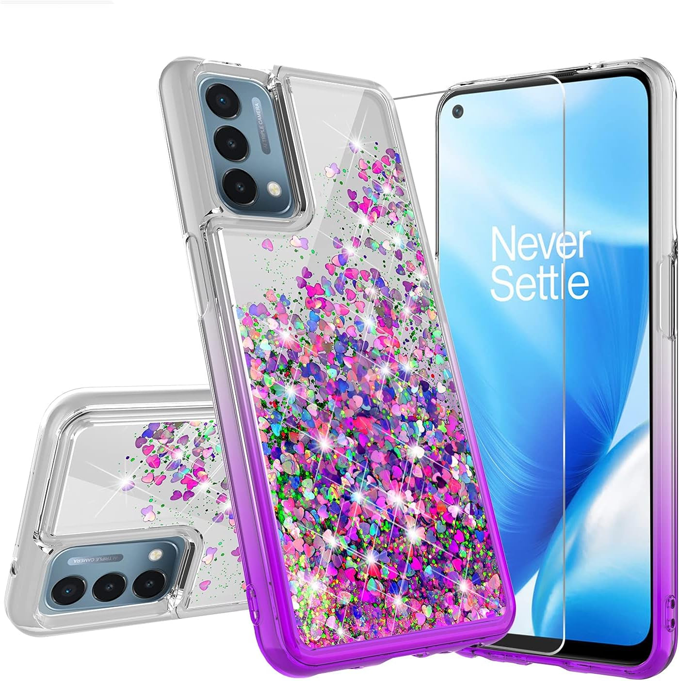 Case for Oneplus Nord N200 5G with Tempered Glass Screen Protector Sparkle Glitter Flowing Liquid Quicksand for Women Girls Cute Phone Case Cover - Aqua/Clear Galaxy Wireless Clear/Purple