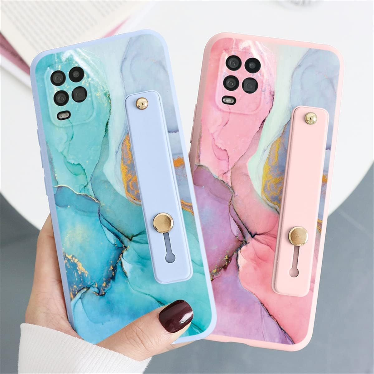 KAPUCTW 2 Pack for Xiaomi Poco M3 Case with Wrist Strap, Cute Marble Print Pattern Wristband Holder Phone Case Soft Silicone TPU Bumper Shockproof Protective Cover for Xiaomi Poco M3 6.53 Inch KAPUCTW