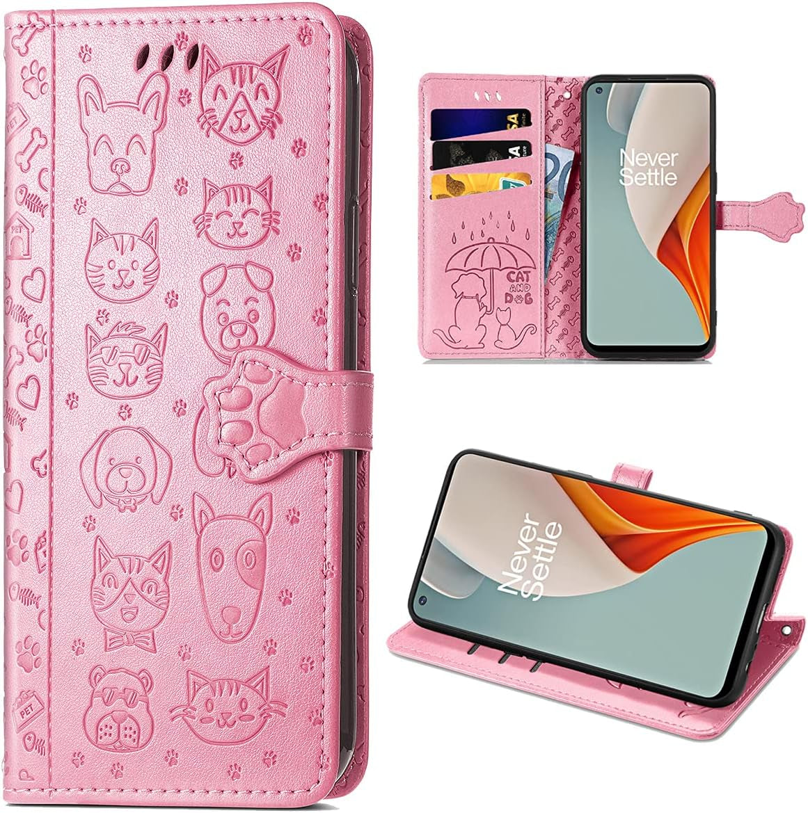 Ccsmall Oneplus Nord N200 Cartoon Girl Wallet Case,Kawaii Cat Dog Style Flip Phone Cover with ID Card Holder & Kickstand PU Leather Magnetic Clasp Case for Oneplus Nord N200 MG Blue CCSmall Pink