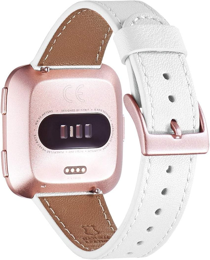 WFEAGL for Fitbit Versa Bands, Top Grain Leather Band Replacement Strap for Fitbit Versa/Versa 2 /Versa Lite/Versa SE Fitness Smart Watch (Pinksand Band+ Rosegold Buckle) WFEAGL White Band+Rose Gold Buckle