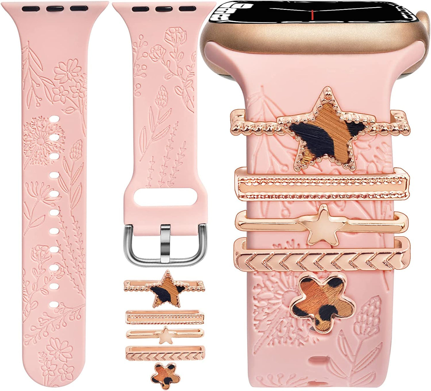Watch Band Charms (Band Included), Compatible with Apple Watch Band 38Mm 40Mm 41Mm, ORATYFAN Floral Engraved Silicone Bands & Metal Decorative Ring Loops Accessories for Iwatch Series Se 8 7 6 5 4 3 2 1 ORATYFAN Pink Band/ Rose Gold Leopard Star 38mm/40mm/41mm