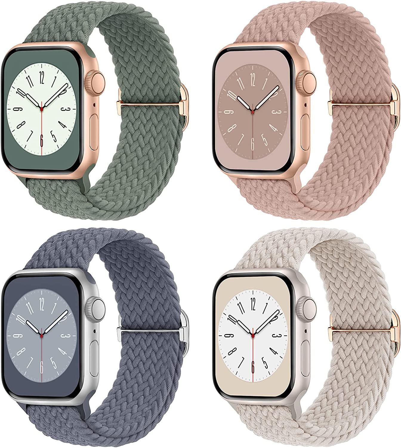 Braided Solo Loop Compatible with Apple Watch Band 38Mm 40Mm 41Mm 42Mm 44Mm 45Mm 49Mm for Women Men, Stretchy Straps Elastic Sport Wristbands for Iwatch Series 8 7 6 5 4 3 2 1 SE Ultra, 4 Packs Butifacion Starlight/Nude Pink/Cactus/BlueGrey 38/40/41mm