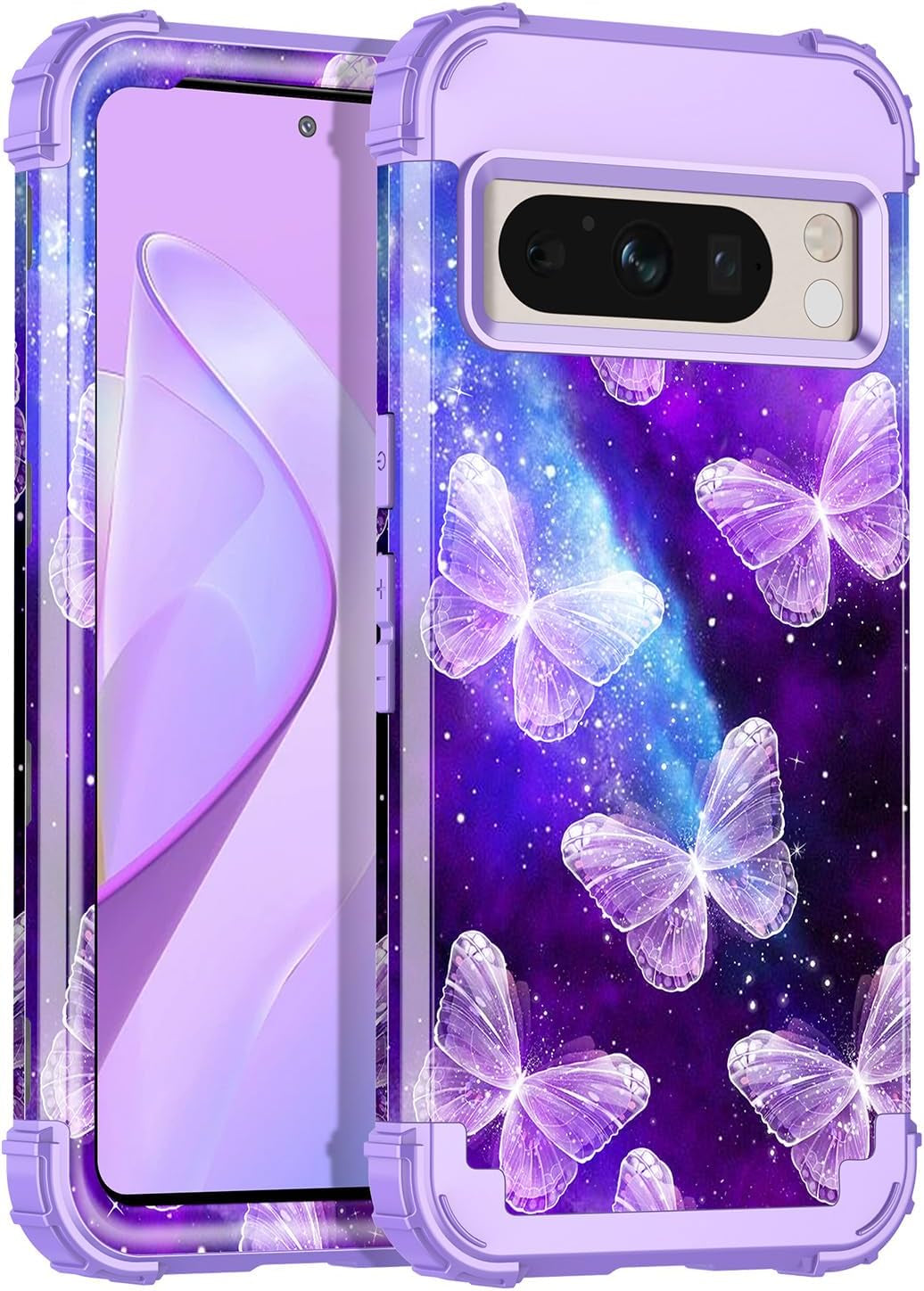 Rancase for Google Pixel 8 Pro Case,Three Layer Heavy Duty Shockproof Full Body Protection Hard Plastic Bumper+Soft Silicone Rubber Protective Girls Case for Google Pixel 8 Pro 6.7 Inch,Butterfly Rancase Purple Butterfly