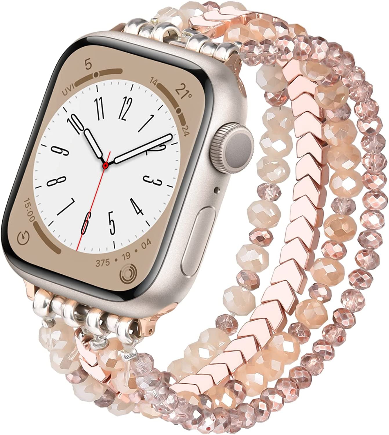 MOFREE Beaded Bracelet Compatible for Apple Watch Band 38Mm 40Mm 41Mm 42Mm 44Mm 45Mm Women,Fashion Handmade Elastic Stretch Strap for Iwatch Series SE 8 7 6 5 4 3 2 1 MOFREE Rose Gold 42mm/44mm/45mm-M/L(6"-6.9")