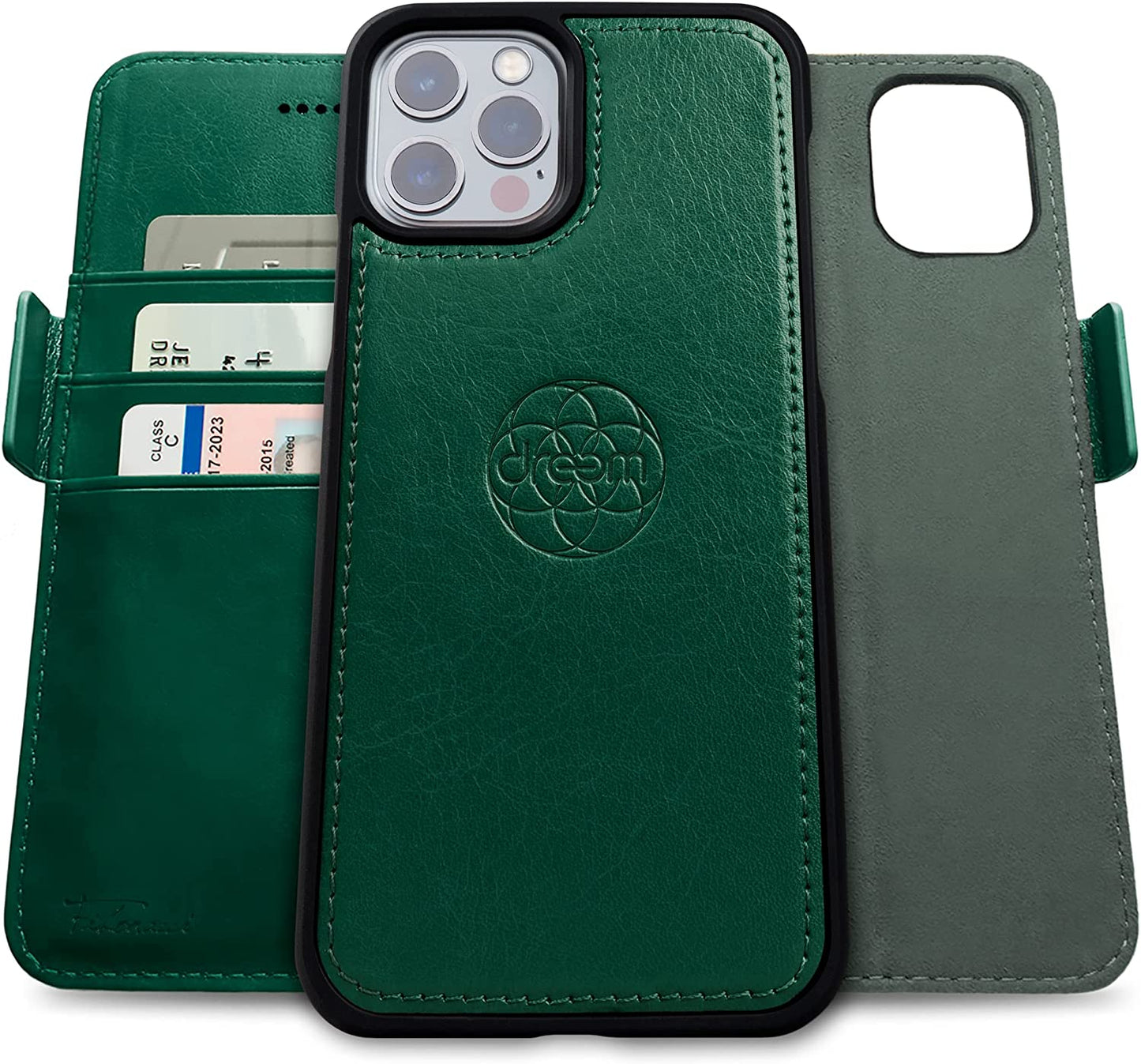 Dreem Fibonacci 2-In-1 Wallet Case for Apple Iphone 13 Pro Max - Luxury Vegan Leather, Magnetic Detachable Shockproof Phone Case, RFID Card Protection, Magsafe Compatible - Coffee Dreem Green iPhone 13 Pro Max