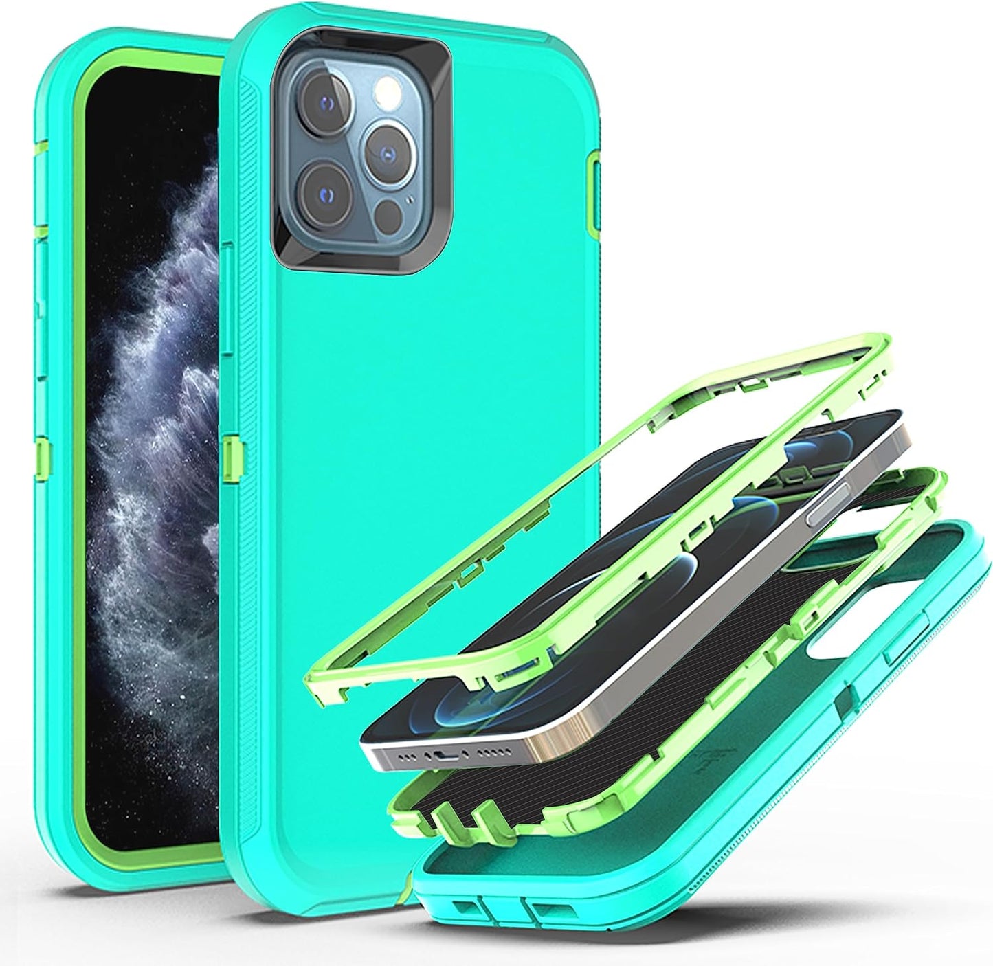 Ymhxcy for Iphone 11 Pro Max Case Shockproof Dropproof Dust-Proof Drop Proof 3-Layer Durable Phone Case Heavy Duty Protection Phone Case Cover for Apple Iphone 11 Pro Max 6.5“ Black and Grey YmhxcY Aqua Blue/Lime Green