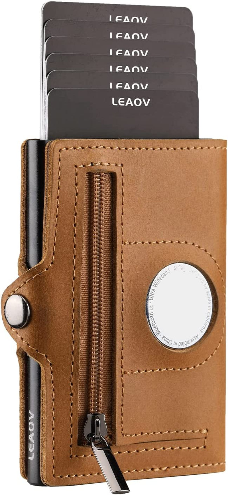Leaov Air Tag Wallet for Men, Anti-Lost Slim Leather Wallet with Airtag Case, RFID Blocking Front Pocket Wallet for Airtag with Gift Box(Carbon Black) Leaov B-Brown