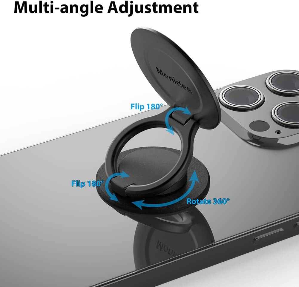 Monidea Phone Ring Holder, Phone Grip Holder Finger Kickstand, Foldable & Adjustable Metal Cell Phone Rings Gripper Stand Work with Magnetic Car Mount for Iphone Samsung & Other Cellphones - Black MonIdea