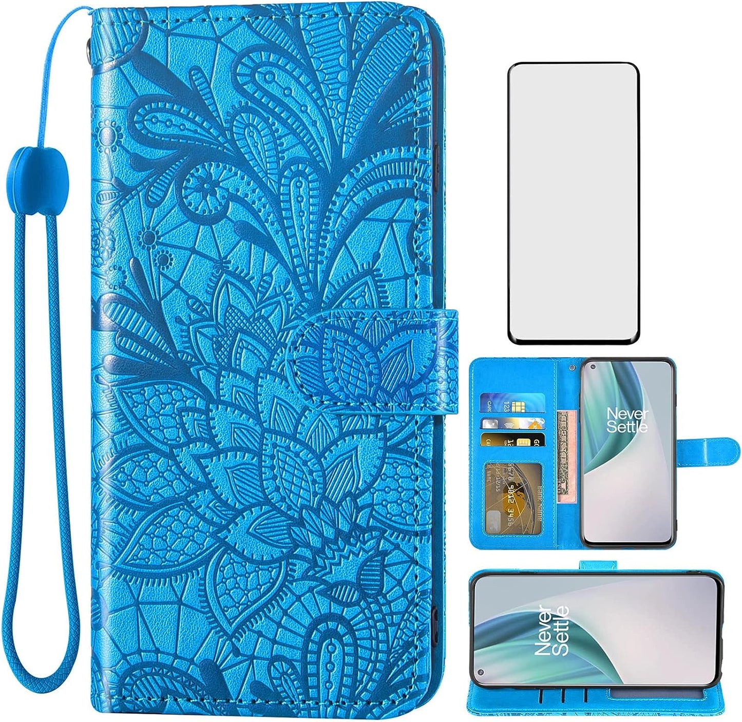 Asuwish Phone Case for Oneplus Nord N200 5G with Screen Protector and Lace Wallet Cover Flip Card Holder Stand Cell Accessories One plus N 200 G5 1 plus 200N 1Plus One+ 1+ N2005G 2021 Women Rose Gold Asuwish Blue