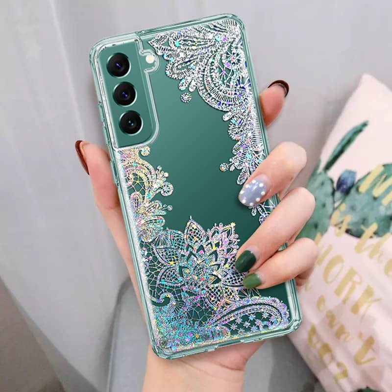 Coolwee Clear Glitter for Galaxy S22, 6.1 Inch, Thin Flower Slim Cute Crystal Lace Bling Shiny for Women Girls Floral Plastic Hard Back Soft TPU Bumper Protective Cover for Samsung S22 Mandala Henna Coolwee