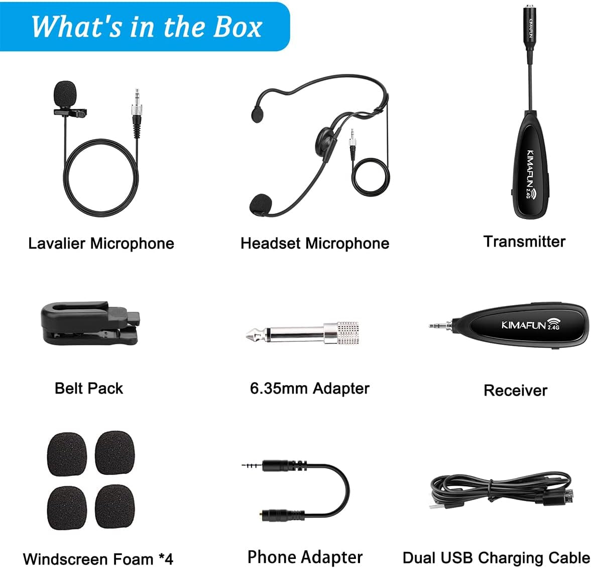 KIMAFUN Wireless Microphone System, 2.4G Wireless Headset and Lavalier Lapel Microphones for Iphone, Android Phone, Laptop and Speaker, Designed for Teaching, Recording, Vlog, Broadcast, G102-3 KIMAFUN