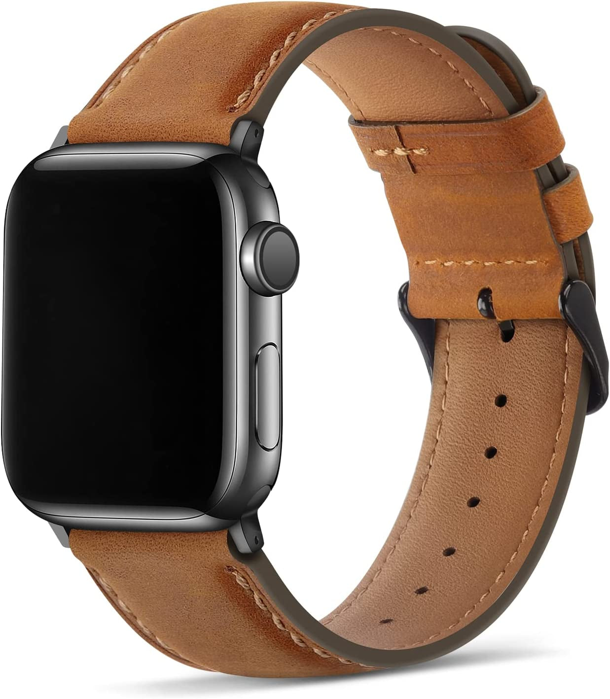Tasikar Bands Compatible with Apple Watch Band 49Mm 45Mm 44Mm 42Mm Men Genuine Leather Replacement Bands Compatible with Apple Watch Ultra Series 8 7 (45Mm) SE 6 5 4 (44Mm) 3 2 1 (42Mm) - Black Tasikar Light Brown 42mm/44mm/45mm/49mm