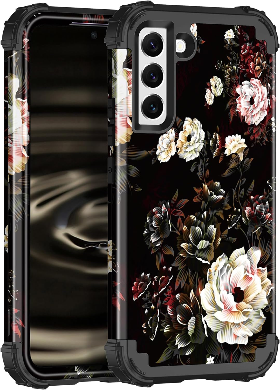 LONTECT for Galaxy S22 plus Case Shockproof 3 in 1Heavy Duty Rugged Hybrid Sturdy High Impact Durable Protective Cover Case for Samsung Galaxy S22 Plus/S22+ 5G 6.6 2022,Marble/Dark Purple Lontect White Flower/Black