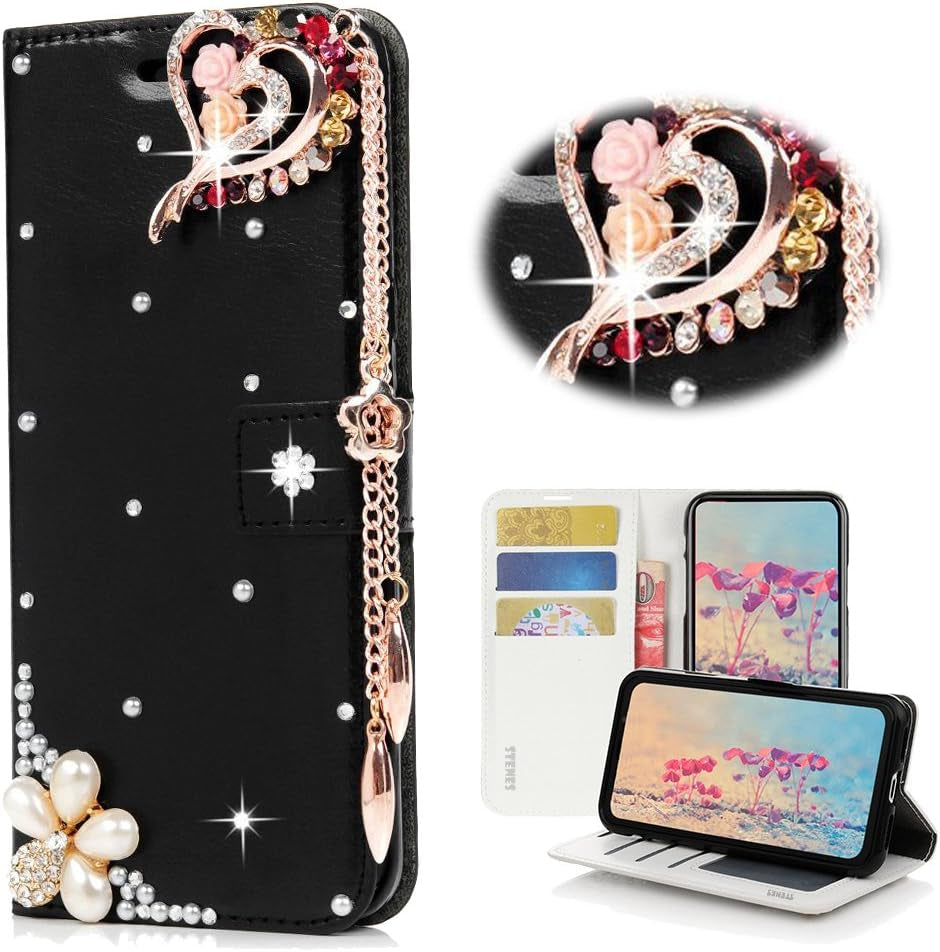STENES LG G6 Case, LG G6 plus Case - STYLISH - 3D Handmade Bling Crystal Fairy Design Wallet Credit Card Slots Fold Stand Leather Cover Case for LG G6/LG G6 plus - Black STENES Heart Pendant Flowers / Black
