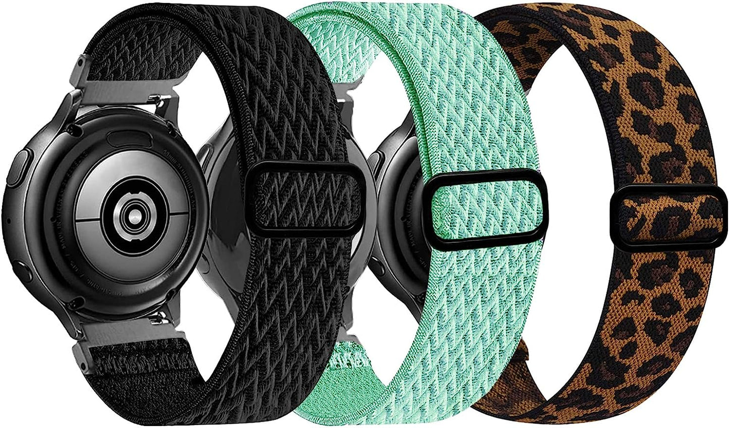 20Mm Stretchy Bands Compatible with Samsung Galaxy Watch 5/4 40Mm 44Mm/Watch 5 Pro 45Mm/Watch 4 Classic 42Mm 46Mm, Nylon Strap for Galaxy Active 2 40 44Mm/Active 40Mm/Watch 3 41Mm/Galaxy Watch 42Mm BOTNUW Black & Leopard & Light green