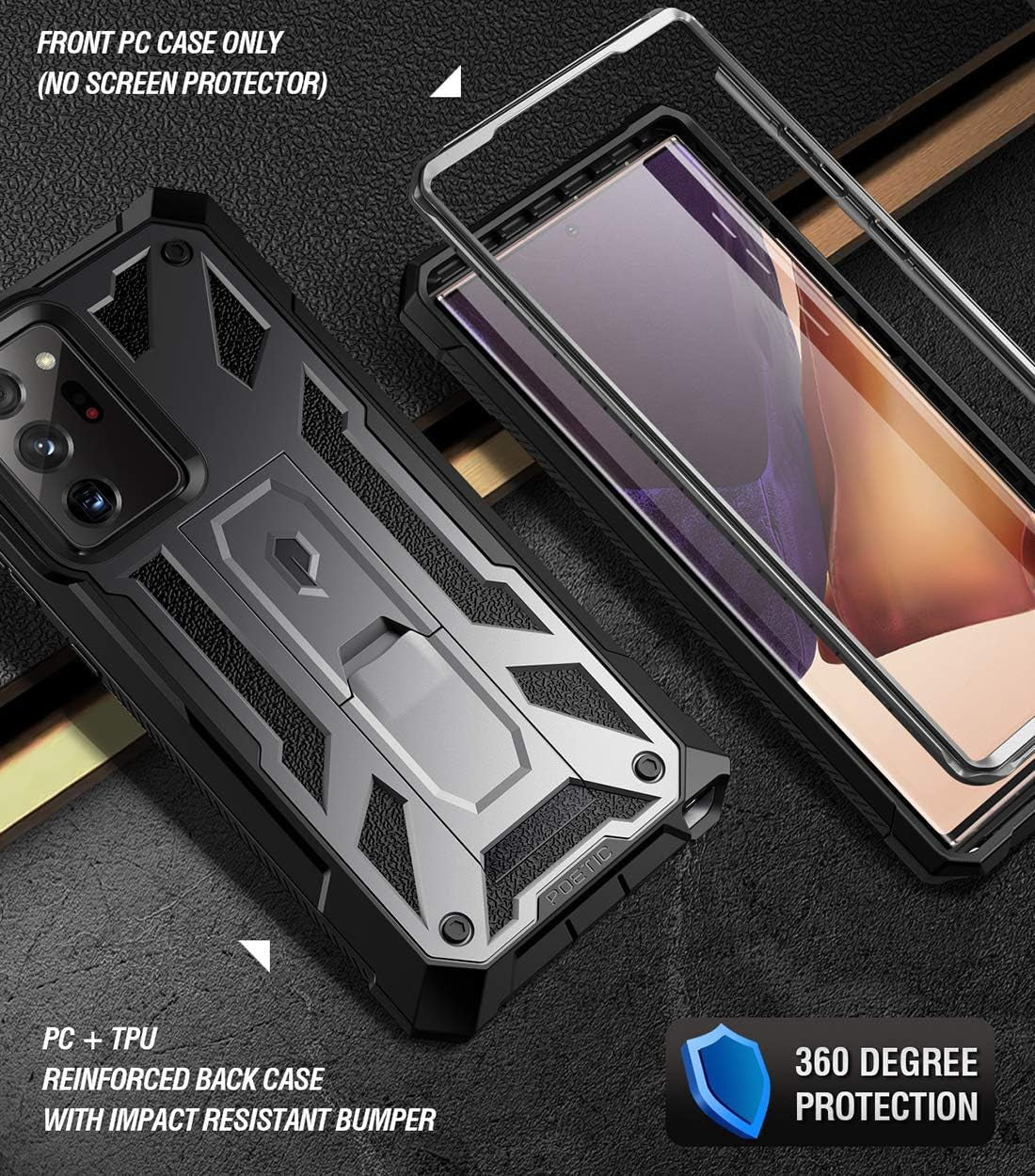 Poetic Spartan Series Designed for Galaxy Note 20 Ultra Case, Full-Body Rugged Dual-Layer Metallic Color Accent with Premium Leather Texture Shockproof Protective Cover with Kickstand, Gun Metal Poetic