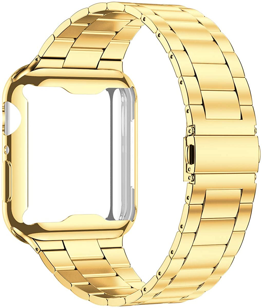 Wolait Compatible with Apple Watch Band 42Mm 44Mm 45Mm 49Mm 38Mm 40Mm 41Mm with Case, Upgraded Business Stainless Steel Band with Screen Protector Cover for Iwatch Series 8/7/6/SE Series 5/4/3/2/1 Wolait Gold 40mm