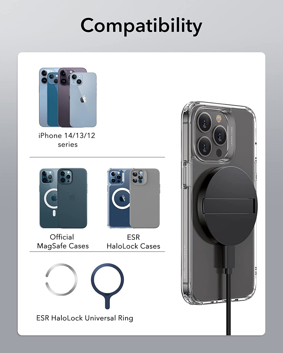 ESR Magsafe Charger (Halolock),Wireless Charger Kickstand, Magsafe Charger for Iphone 14/14 Plus/14 Pro/14 Pro Max and Iphone 13/12 Series, with 5Ft Removable Cable, Adapter Not Included, Black Electronic Silk Road Corp