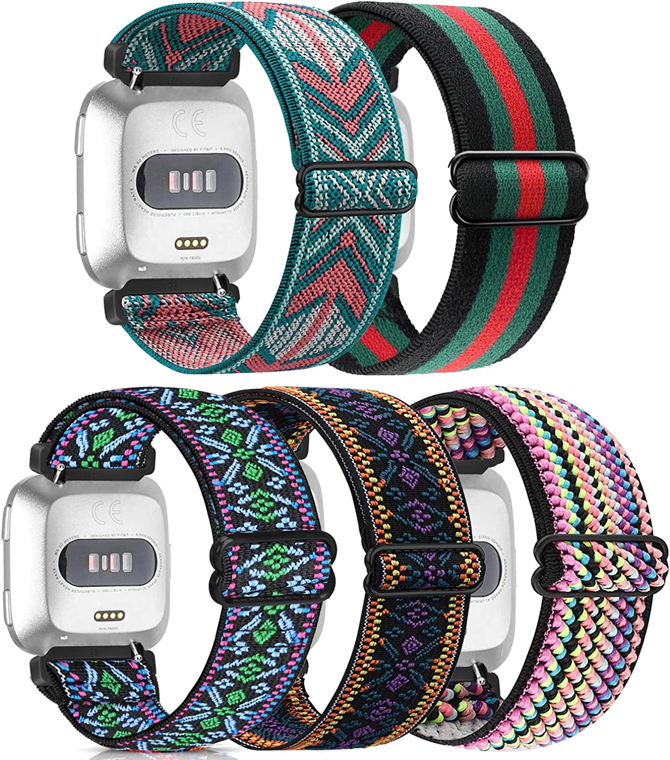 5 Pack Elastic Nylon Bands Compatible with Fitbit Versa/Versa 2 / Versa Lite/Versa SE for Women Men, Adjustable Breathable Fabric Sport Elastic Wristband for Fitbit Versa Smart Watch GLMDKAI Combination 2