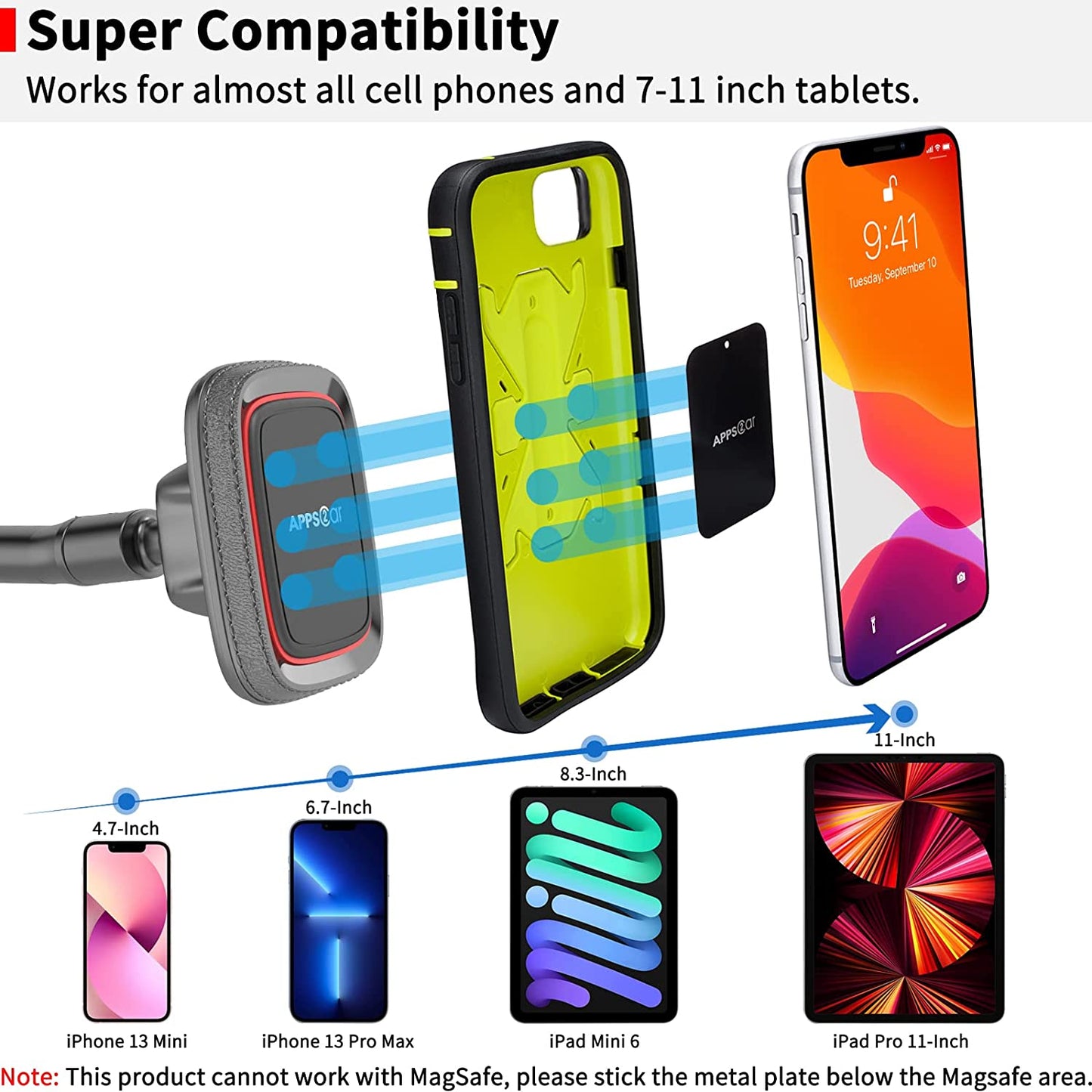 Windshield Car Phone Mount Long Arm, Apps2Car 13 Inches Gooseneck Magnetic Window Mobile Holder for Truckers Drivers Semi Truck SUV MPV Vehicle Compatible with All Iphone Samsung Phones Ipad Mini Wiiki-Tech