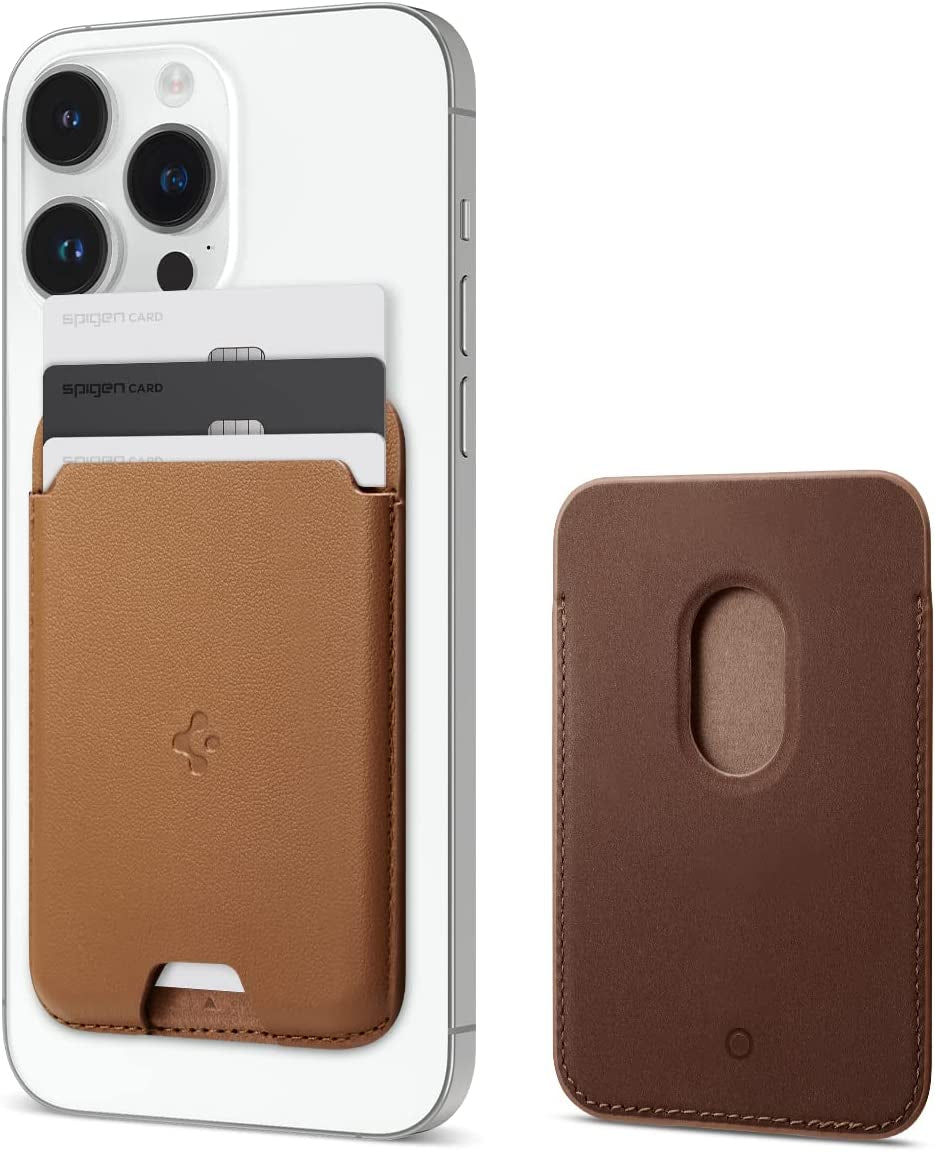 Spigen Valentinus (Magfit) Magnetic Wallet Card Holder 3-Cards Designed for Magsafe Compatible with Iphone 14, Iphone 13, Iphone 12 Models - Black Spigen Brown 3-Cards