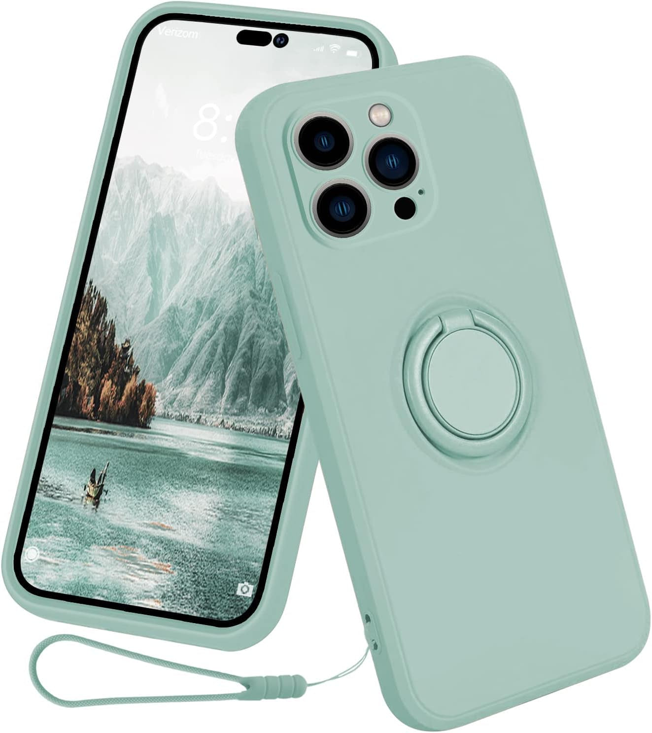 13Peas Case for Iphone 14 Pro(2022 Released), Silicone Case with Ring 360°Rotatable Kickstand Cover Support Magnetic Car Mount,Protective Cover with Strap Lanyard (Black) 13peas Light Cyan