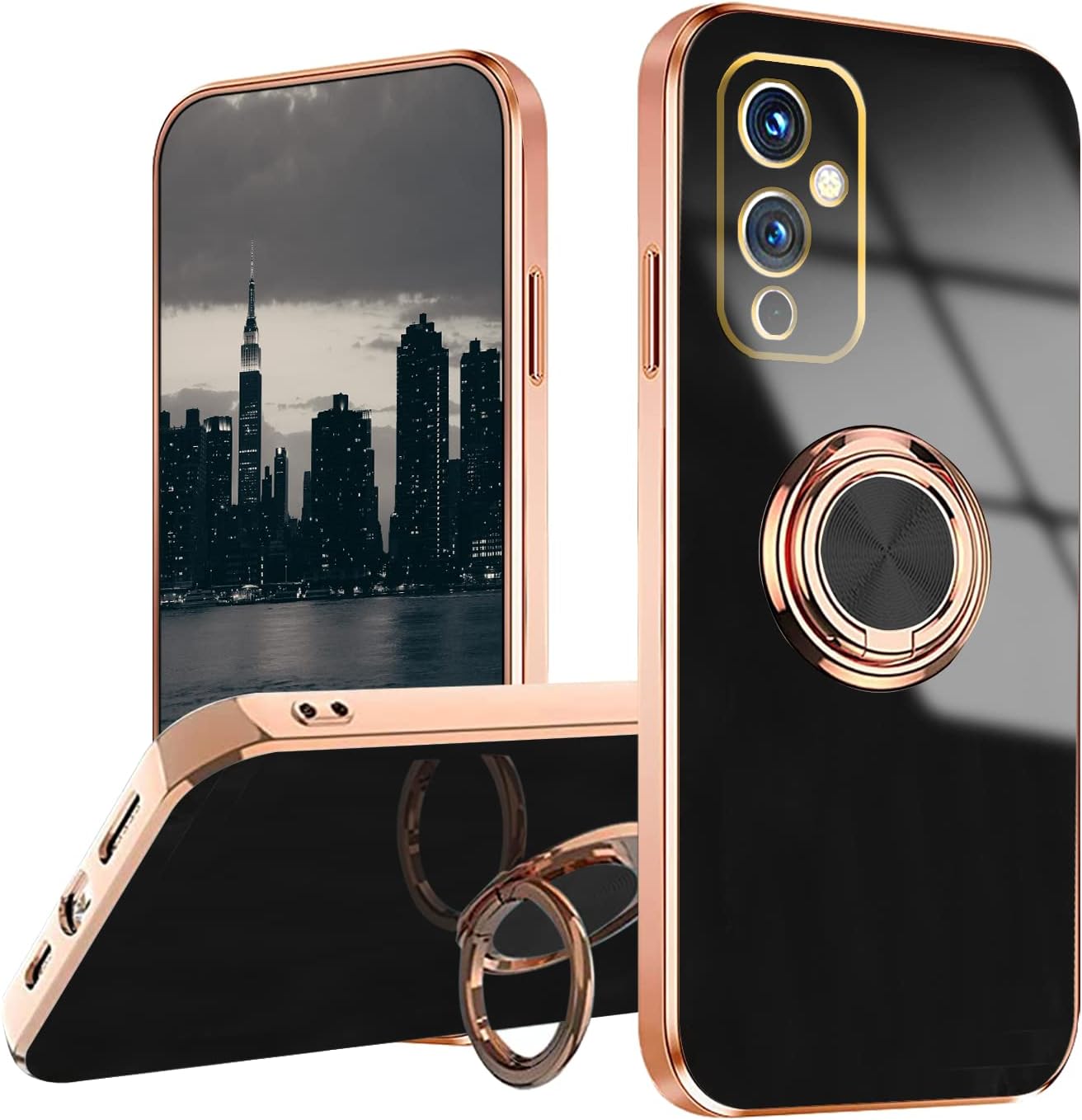 Jancyu Compatible with Oneplus 9 Case, Phone Case for One plus 9 Cute Silicone Protective Fundas with 360 Degrees Magnetic Life Holder Bracket Mobile Caver (Pink) Jancyu Black