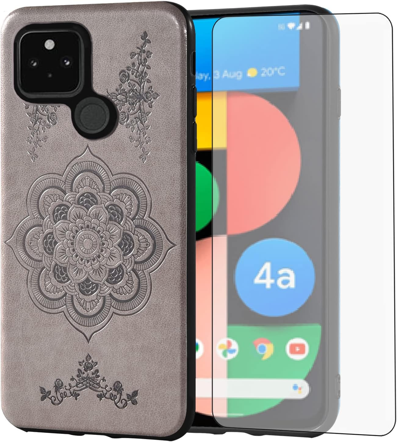 Asuwish Compatible with Google Pixel 4A 5G 6.2 Case and Tempered Glass Screen Protector Thin Slim Soft TPU Flower Leather Cell Phone Cover for Pixel4A5G UW Pixel4A 5G Pixle A4 G5 4A5G Women Men Purple Asuwish Gray For Pixel 4A 5G