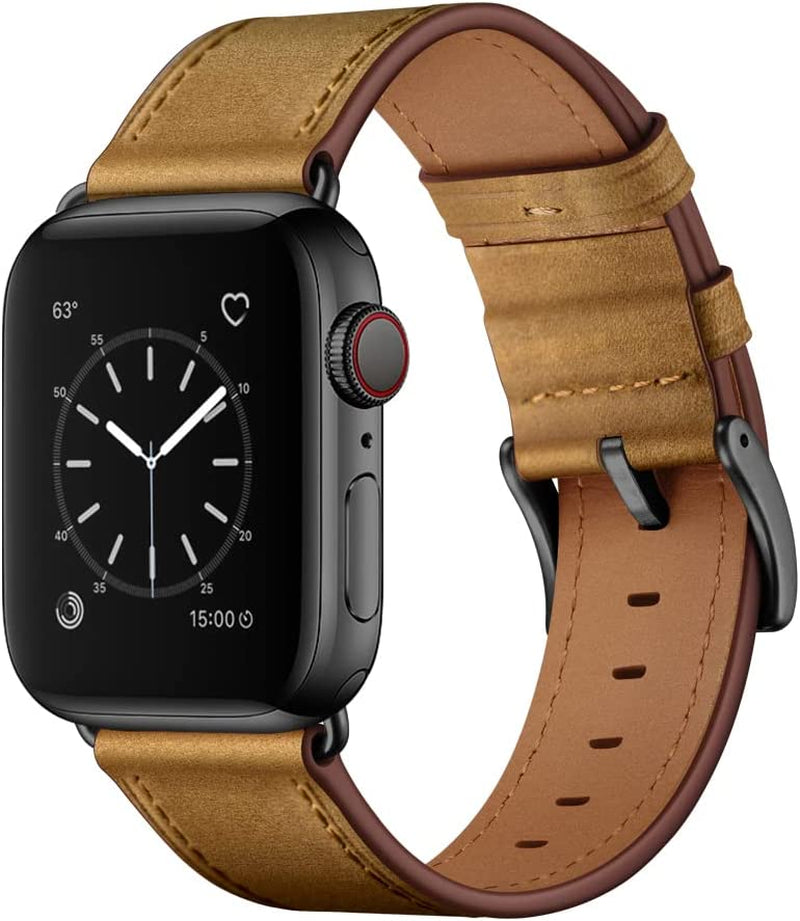 OUHENG Compatible with Apple Watch 49Mm 45Mm 44Mm 42Mm, Genuine Leather Band Replacement Strap Compatible with Apple Watch Ultra Series 8/7/6/5/4/3/2/1/SE2/SE, Black Band with Black Adapter OUHENG Retro Light Brown/Black 49mm/45mm/44mm/42mm