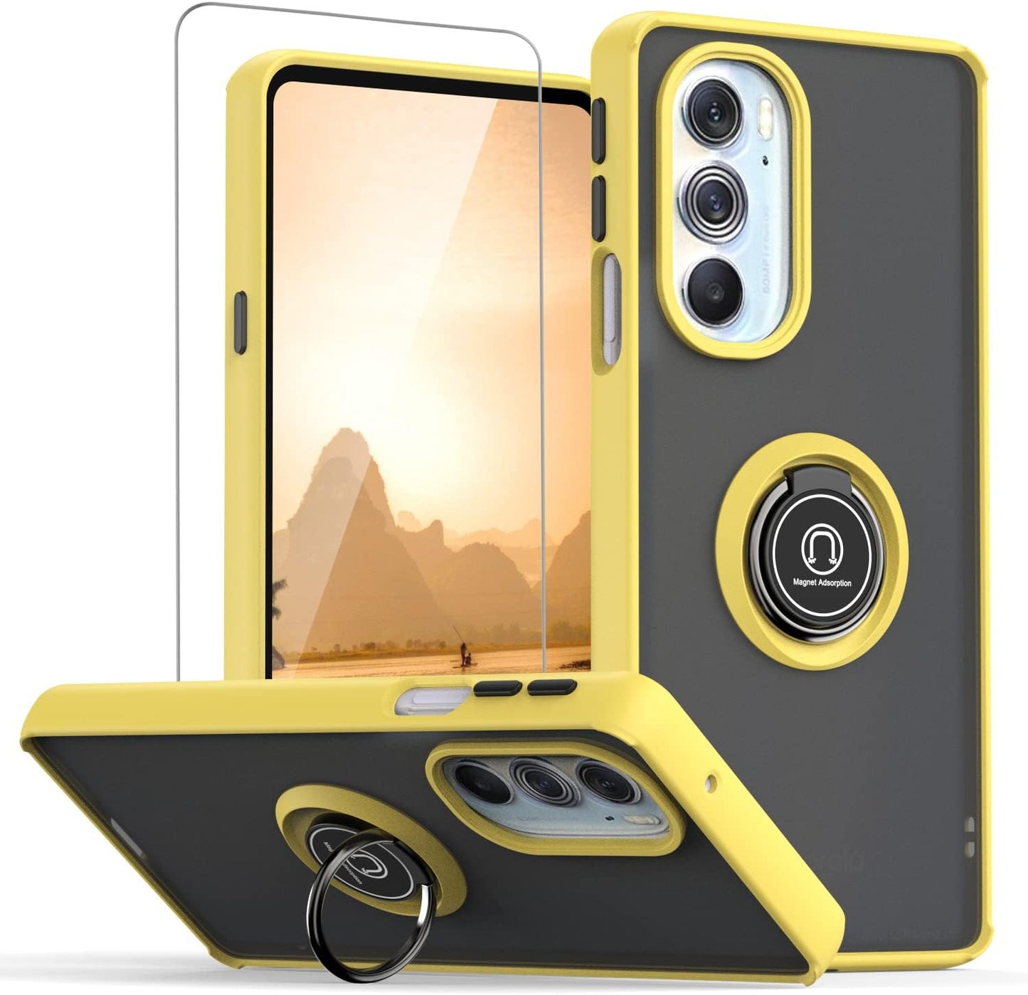 TJS for Motorola Moto Edge plus 2022 / Moto Edge+ 5G UW 2022 / XT2201 / Edge 30 Pro Case with Tempered Glass Screen Protector Metal Ring Kickstand Magnetic Support Protection Phone Case (Light Blue) TJS Yellow