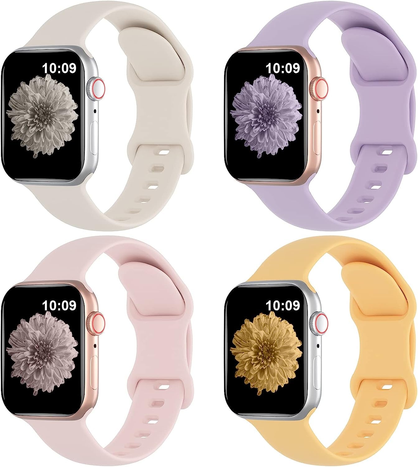 Arctime 4 Pack Silicone Bands Compatible with Apple Watch Band 38Mm 40Mm 41Mm 42Mm 44Mm 45Mm 49Mm, Soft Sport Breathable Strap Replacement Wristbands for Iwatch Ultra Series 8 SE 7 6 5 4 3 2 1 Arctime Starlight/Lavender/Sand Pink/Sunglow 42/44/45/49mm