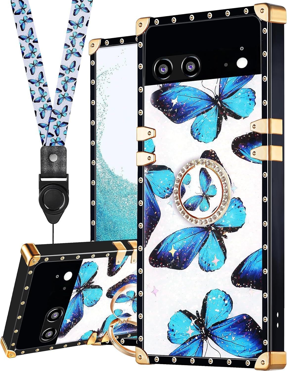 Loheckle for Pixel 6 Case for Women, Designer Square Cases for Google Pixel 6 with Ring Stand Holder and Lanyard, Stylish Bees Luxury Cover for Pixel 6 Case 6.4 Inch Loheckle Butterfly Pixel 6