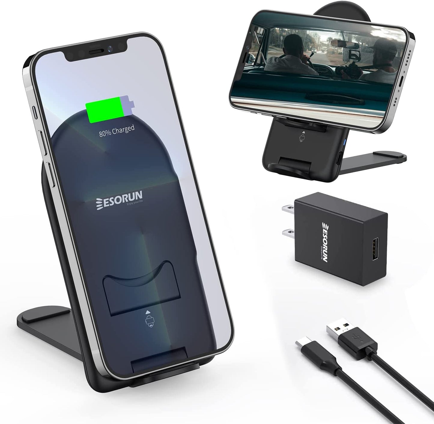 Wireless Charger Stand,15W Fast Charging Pad for Qi Device,Compact Phone Charger Stand for Iphone 14/13/12/11 Pro Max/8 Plus/Xr/Xs/Se,Pixel 6/5/4,Samsung Galaxys22/S21/S20/S10/S9/Note20/10(No Adapter) esorun Adapter Include,Black