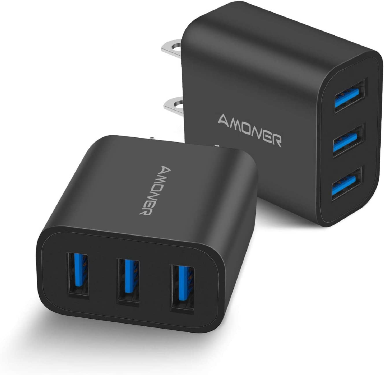 USB Wall Charger, Amoner 2Pack 15W 3-Port USB Plug Cube USB Cube Power Adapter for Iphone 14/13/12/11/Pro/Promax/Xs/Xr/X/8, Galaxy S22 S21 and More and More Amoner black