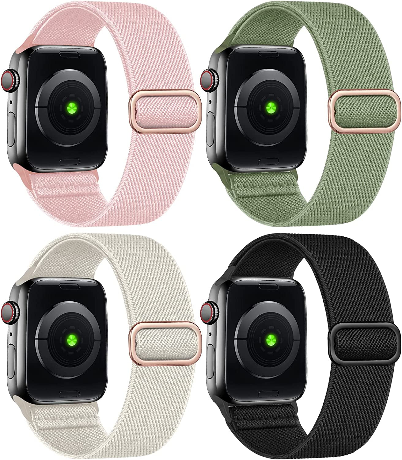 Treasuremax 4 Pack Stretchy Solo Loop Bands Compatible for Apple Watch 38Mm 40Mm 41Mm 42Mm 44Mm 45Mm 49Mm, Adjustable Nylon Elastic Braided Straps for Iwatch Serie Ultra/8/7/6/Se/5/4 3/2/1 Women Men TreasureMax Starlight/Green/Light Pink/Black 38MM/40MM/41MM